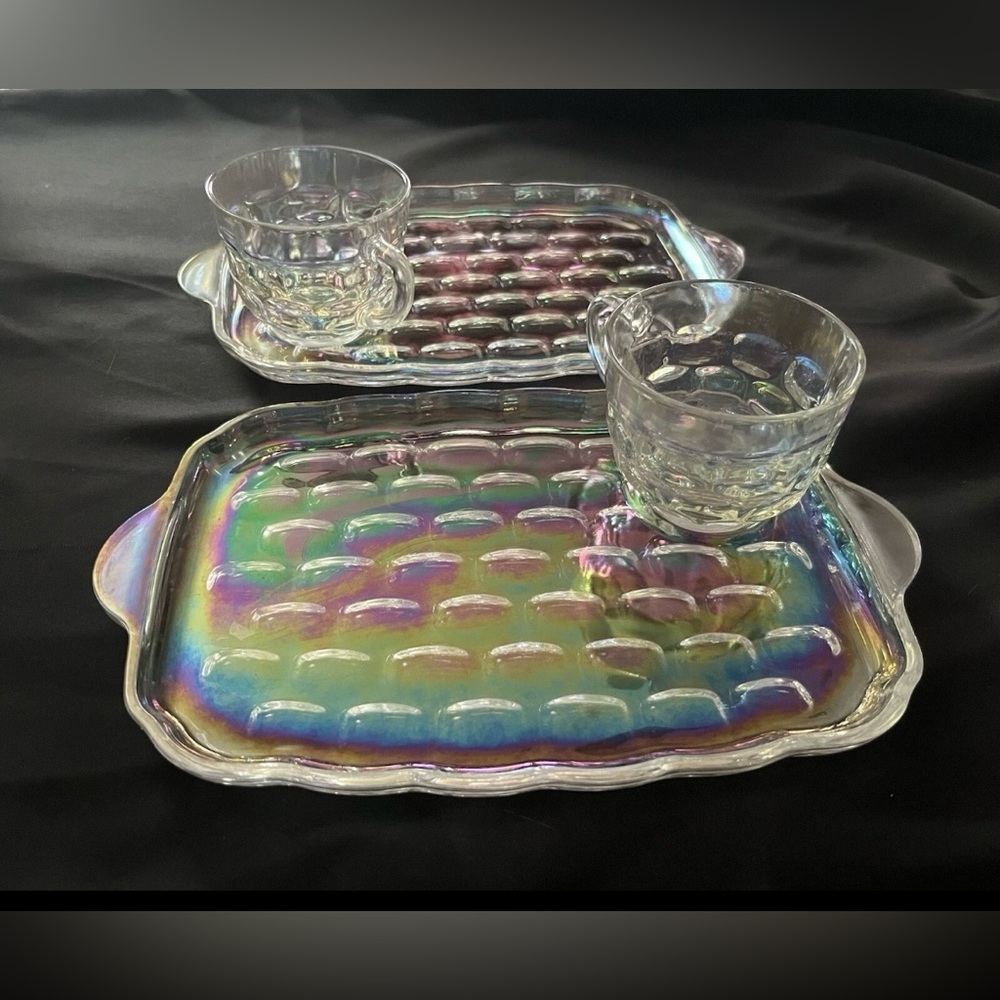 Vintage Iridescent Carnival Glass Lunch Plates w/ Cups